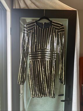 Black & Gold Sequin Striped Long Sleeve Dress